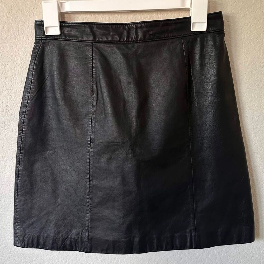 Vintage Bermans Black Leather Mini Skirt High Waisted 90s Y2K Grunge READ